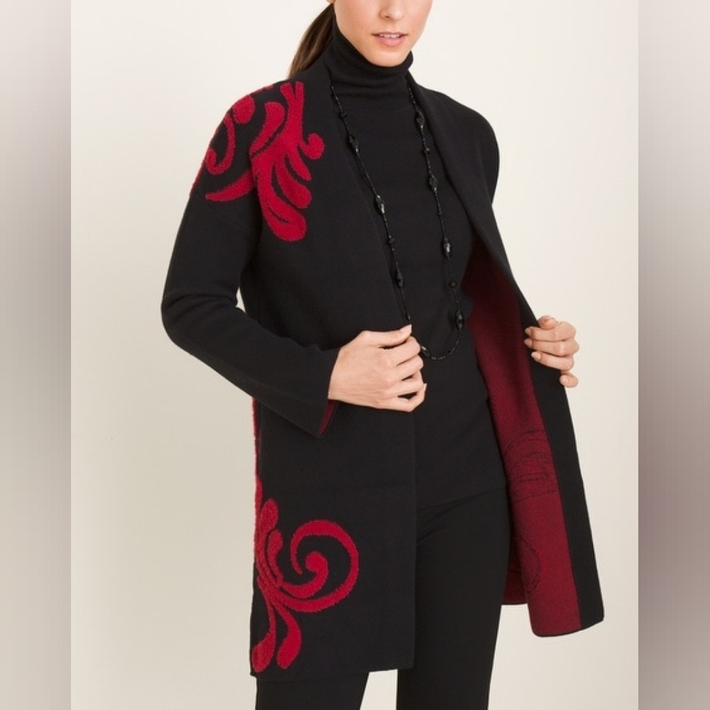 Chicos Red And Black Scroll-Detail Cardigan Size 4P NWOT - Picture 4 of 6